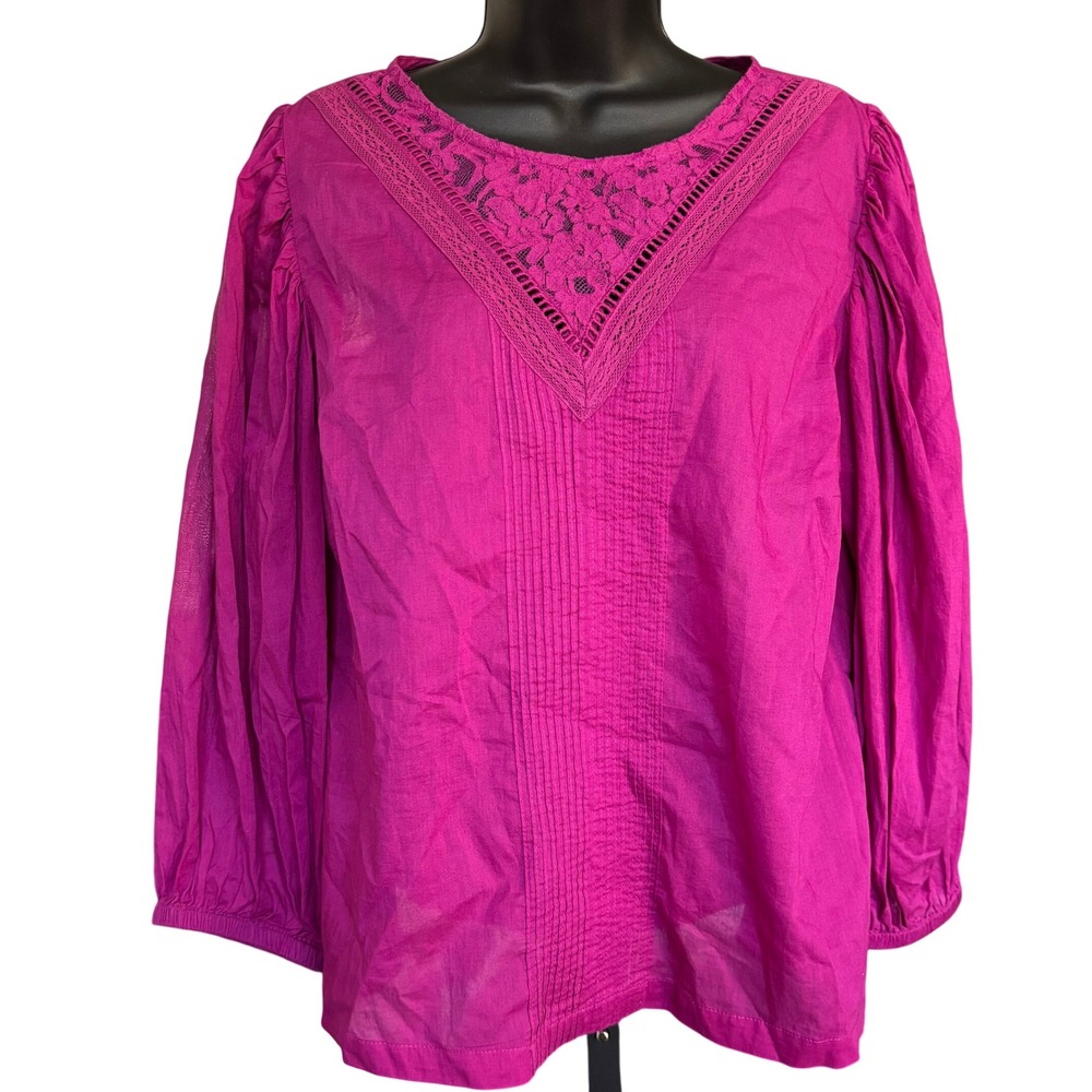 Farm Rio X Anthropologie Kelsie Peasant Blouse Sz M Purple Boho Puff Sleeve Lace